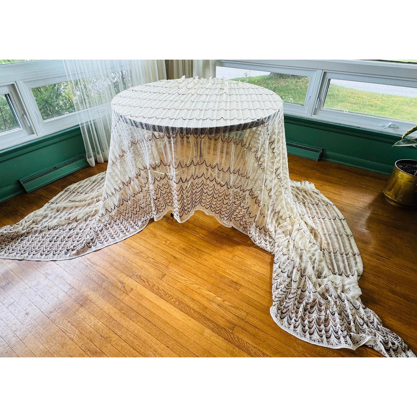 Vintage 70s pleated curtain, cream brown open weave, oversized panel