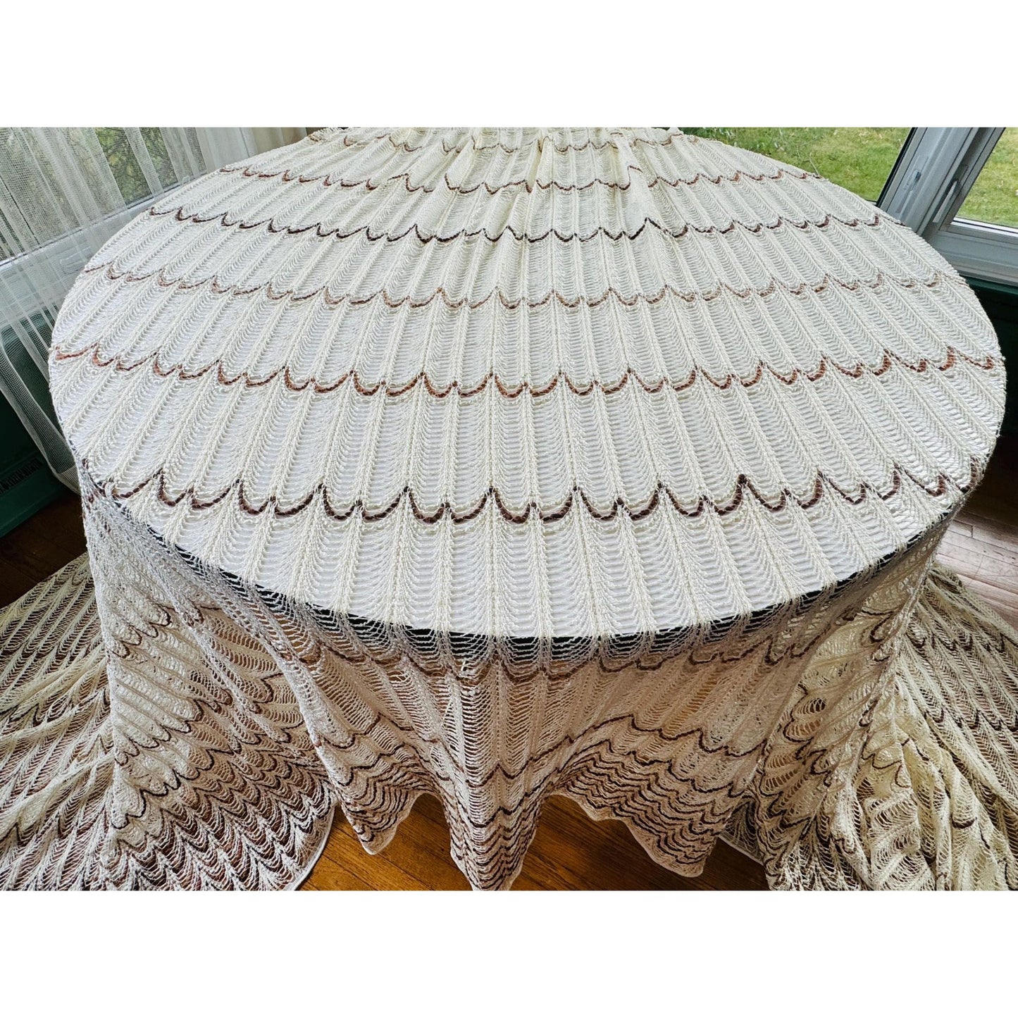 Vintage 70s pleated curtain, cream brown open weave, oversized panel