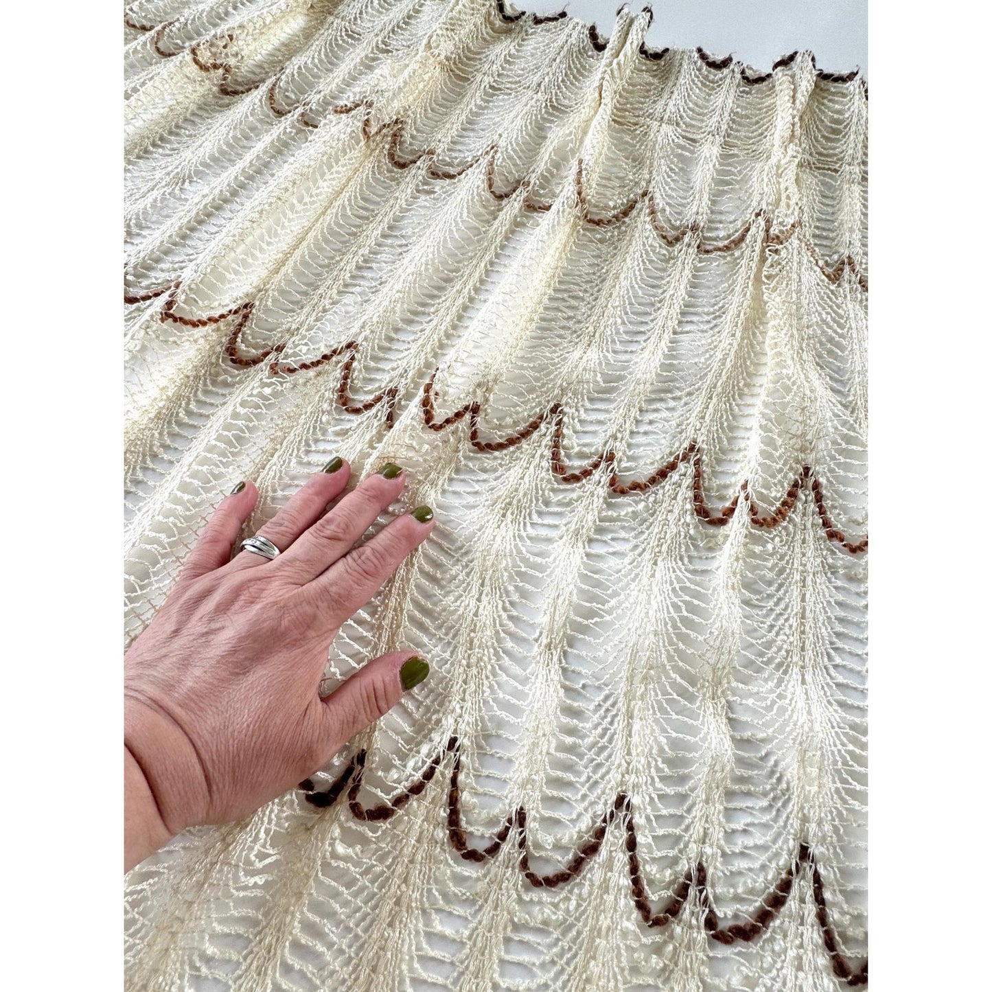 Vintage 70s pleated curtain, cream brown open weave, oversized panel