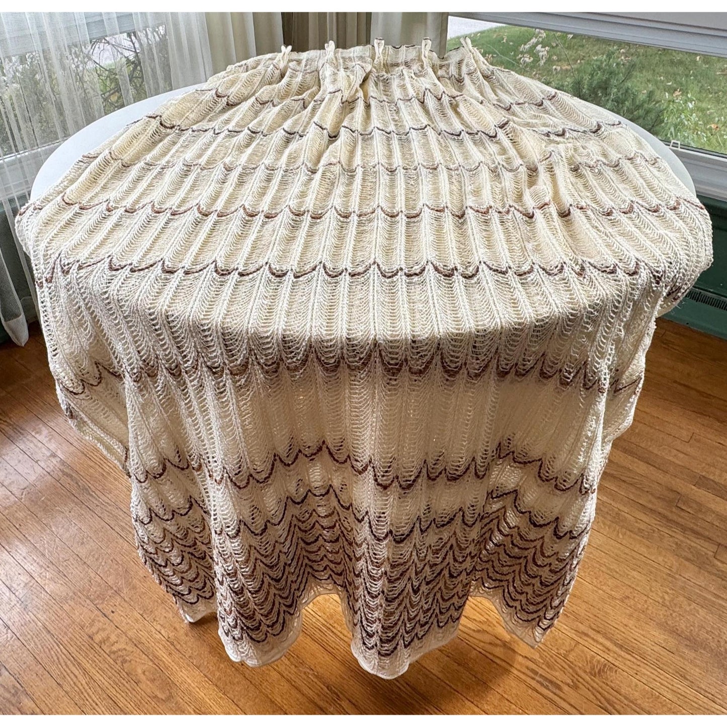 Vintage 70s pleated curtain, cream brown open weave, oversized panel