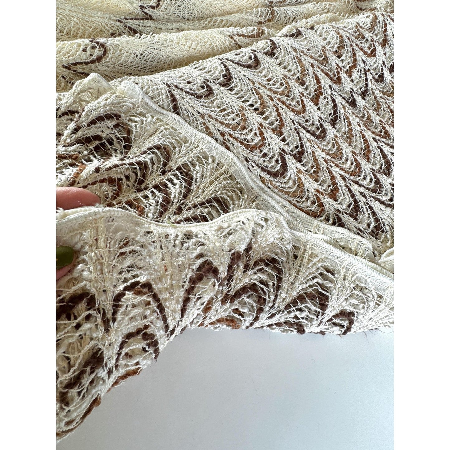 Vintage 70s pleated curtain, cream brown open weave, oversized panel