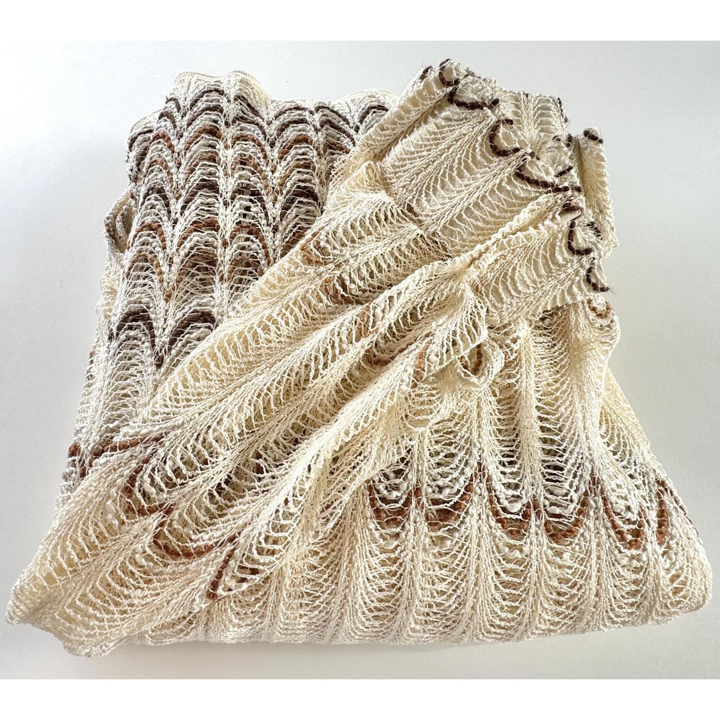Vintage 70s pleated curtain, cream brown open weave, oversized panel