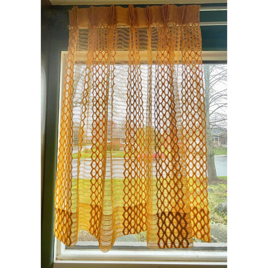 Vintage 70s pleated curtain, golden yellow mesh panel