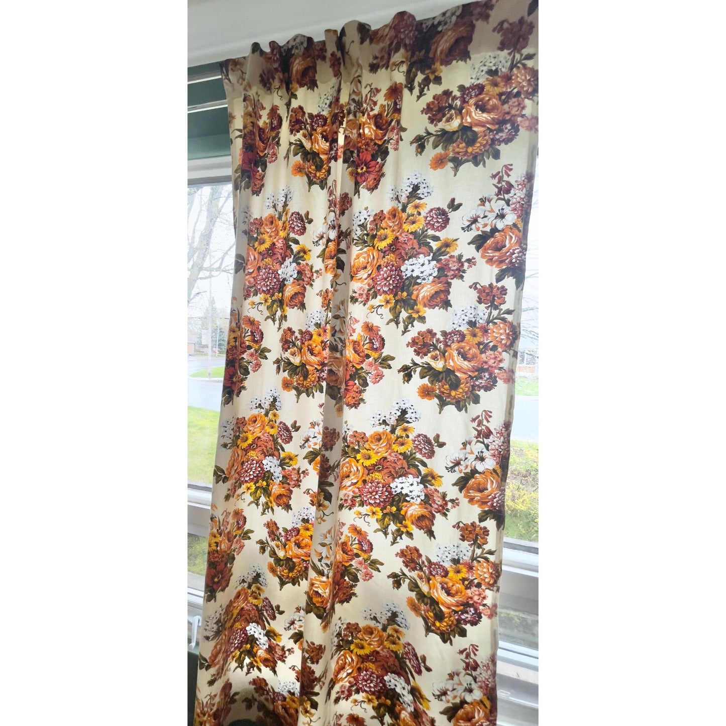 Vintage 60s pleated curtain, bold yellow orange flowers
