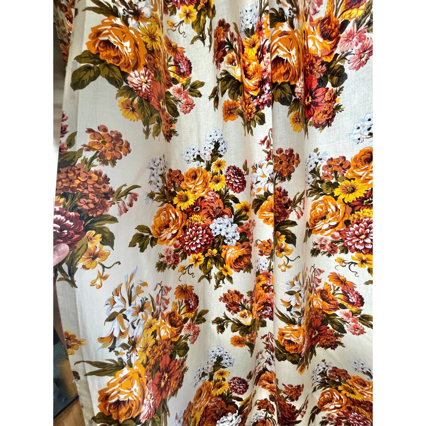 Vintage 60s pleated curtain, bold yellow orange flowers