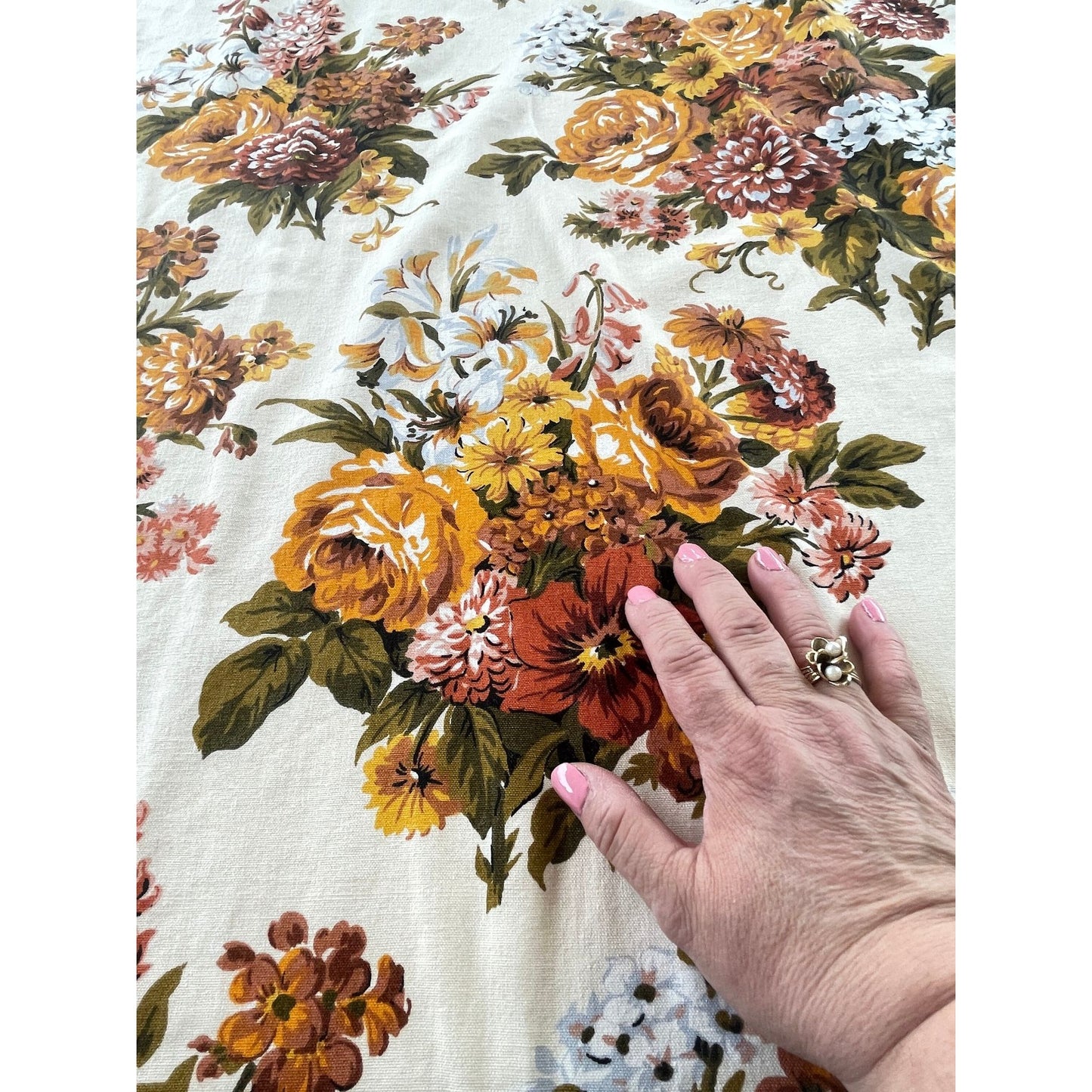 Vintage 60s pleated curtain, bold yellow orange flowers