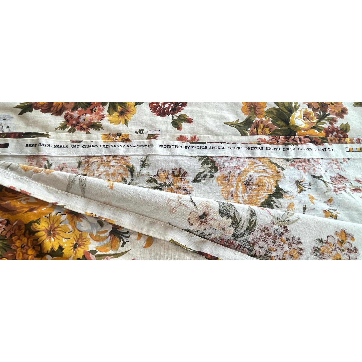 Vintage 60s pleated curtain, bold yellow orange flowers