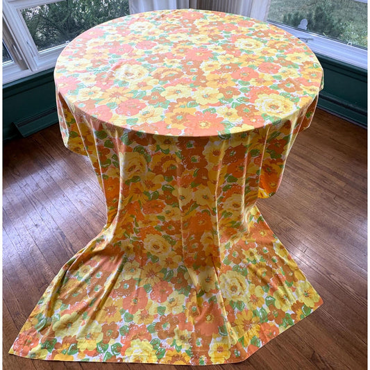 Vintage 70s flat/top sheet, orange green and yellow floral, twin size bed, Wabasso