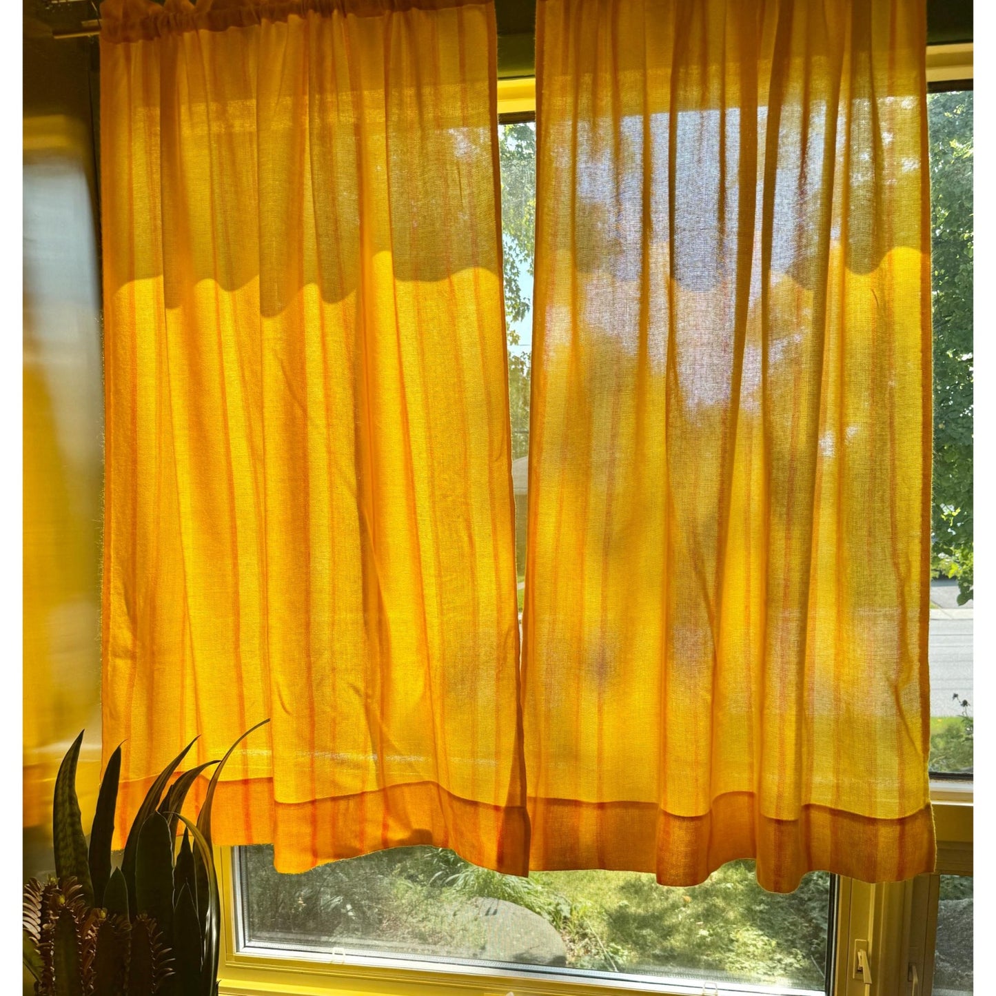 Vintage 70s curtain, yellow orange striped, single panel, pair with tieback or valance