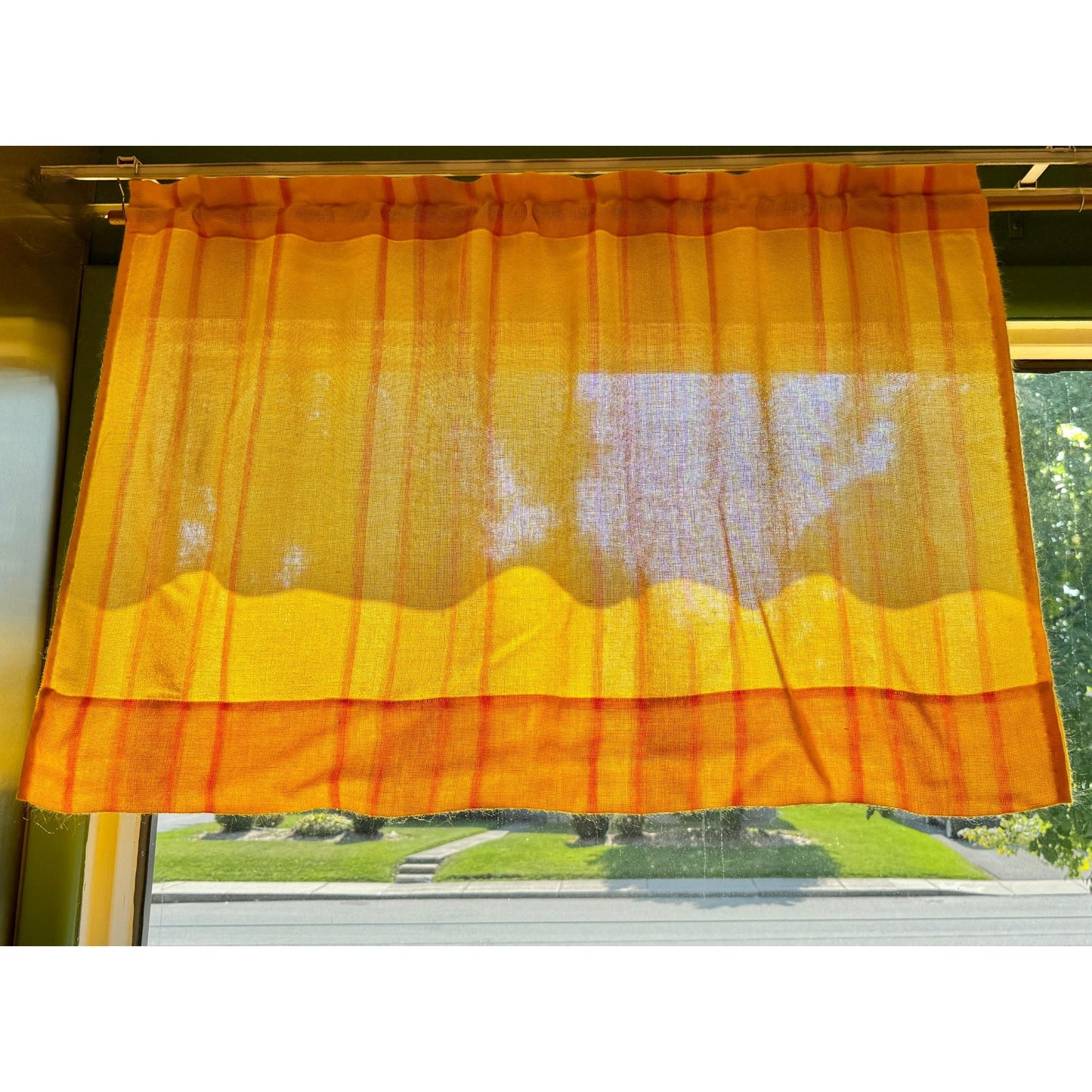 Vintage 70s curtain, yellow orange striped, single panel, pair with tieback or valance