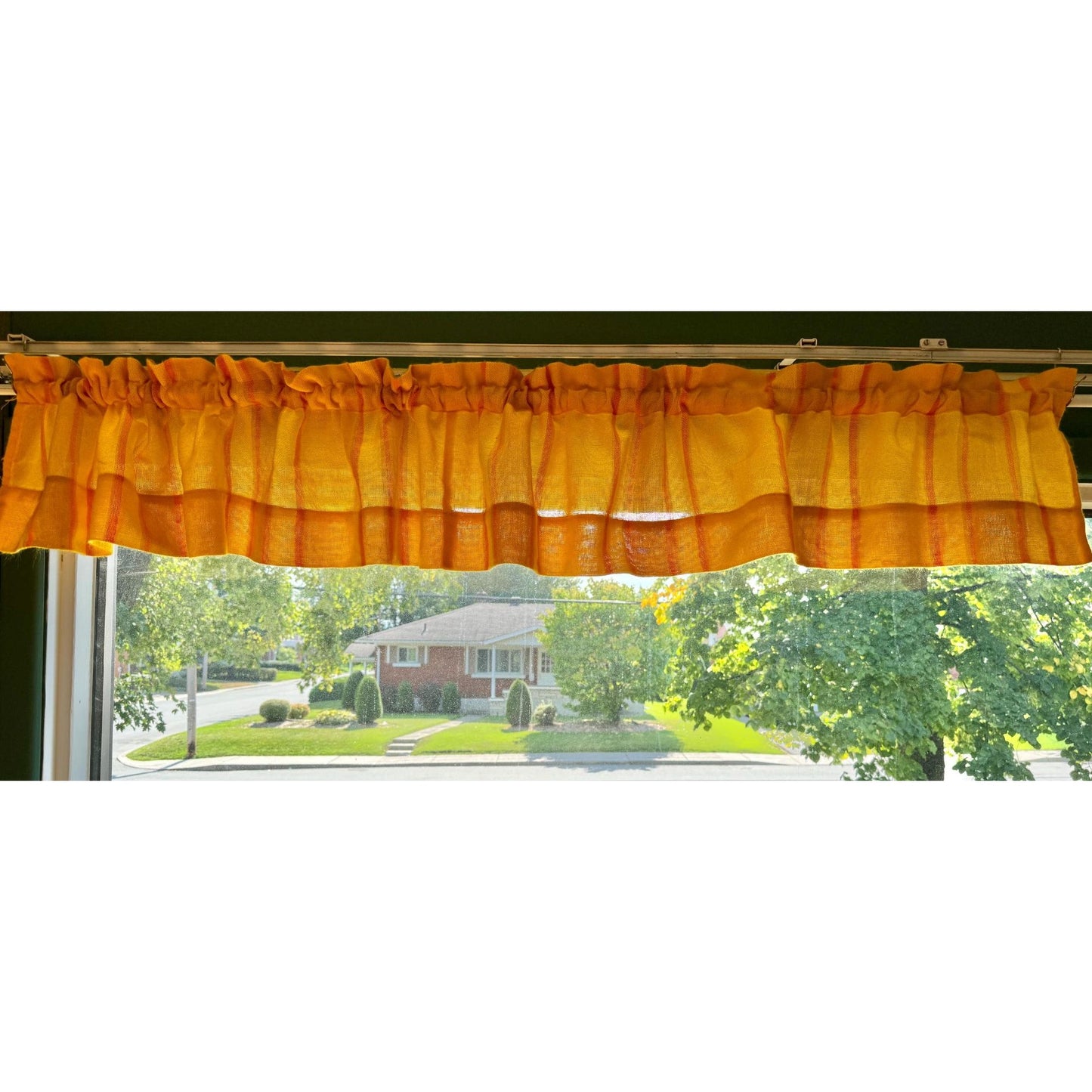Vintage 70s curtain, yellow orange striped, single panel, pair with tieback or valance