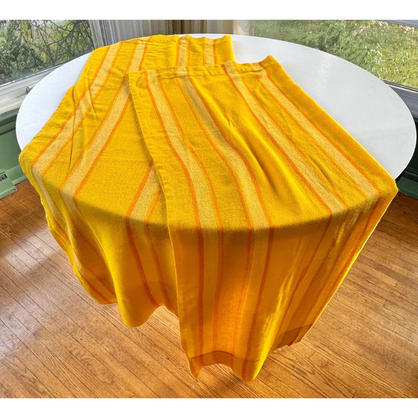 Vintage 70s curtain, yellow orange striped, single panel, pair with tieback or valance
