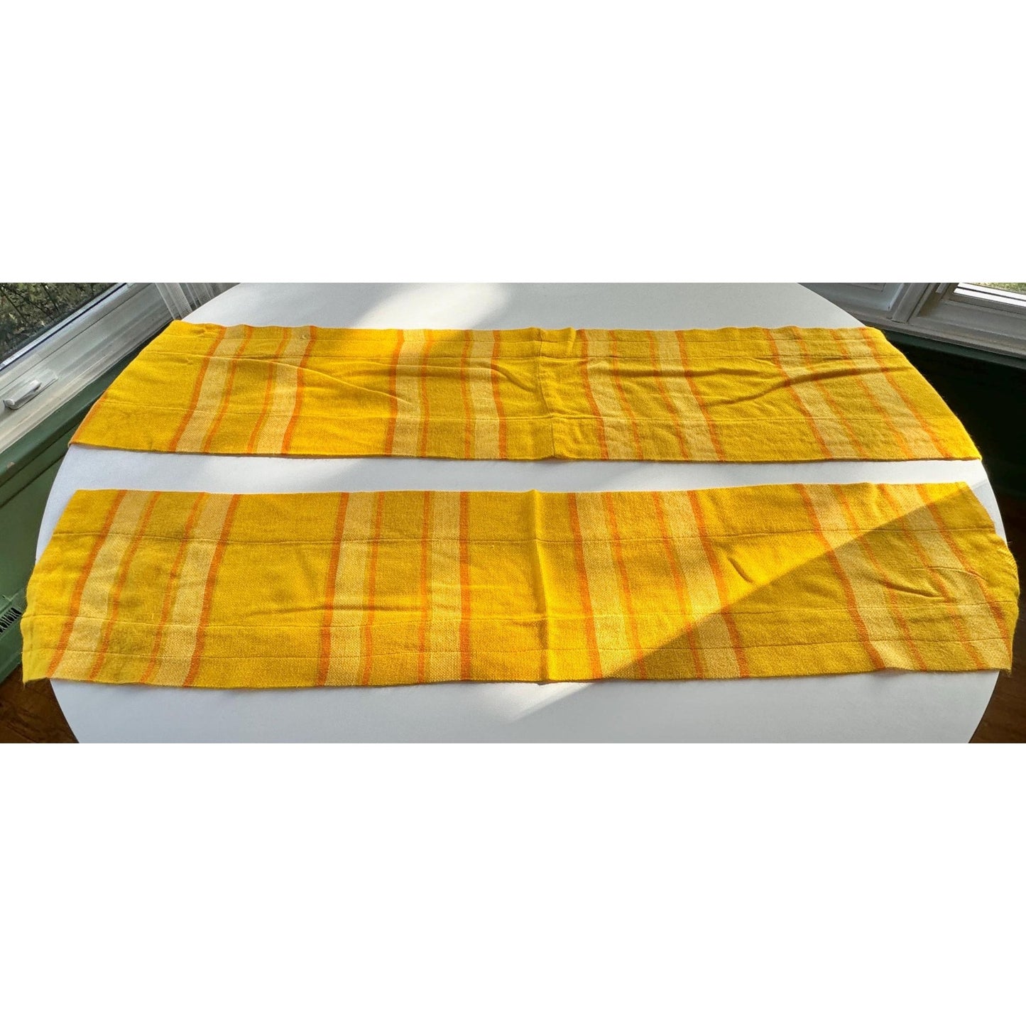 Vintage 70s curtain, yellow orange striped, single panel, pair with tieback or valance