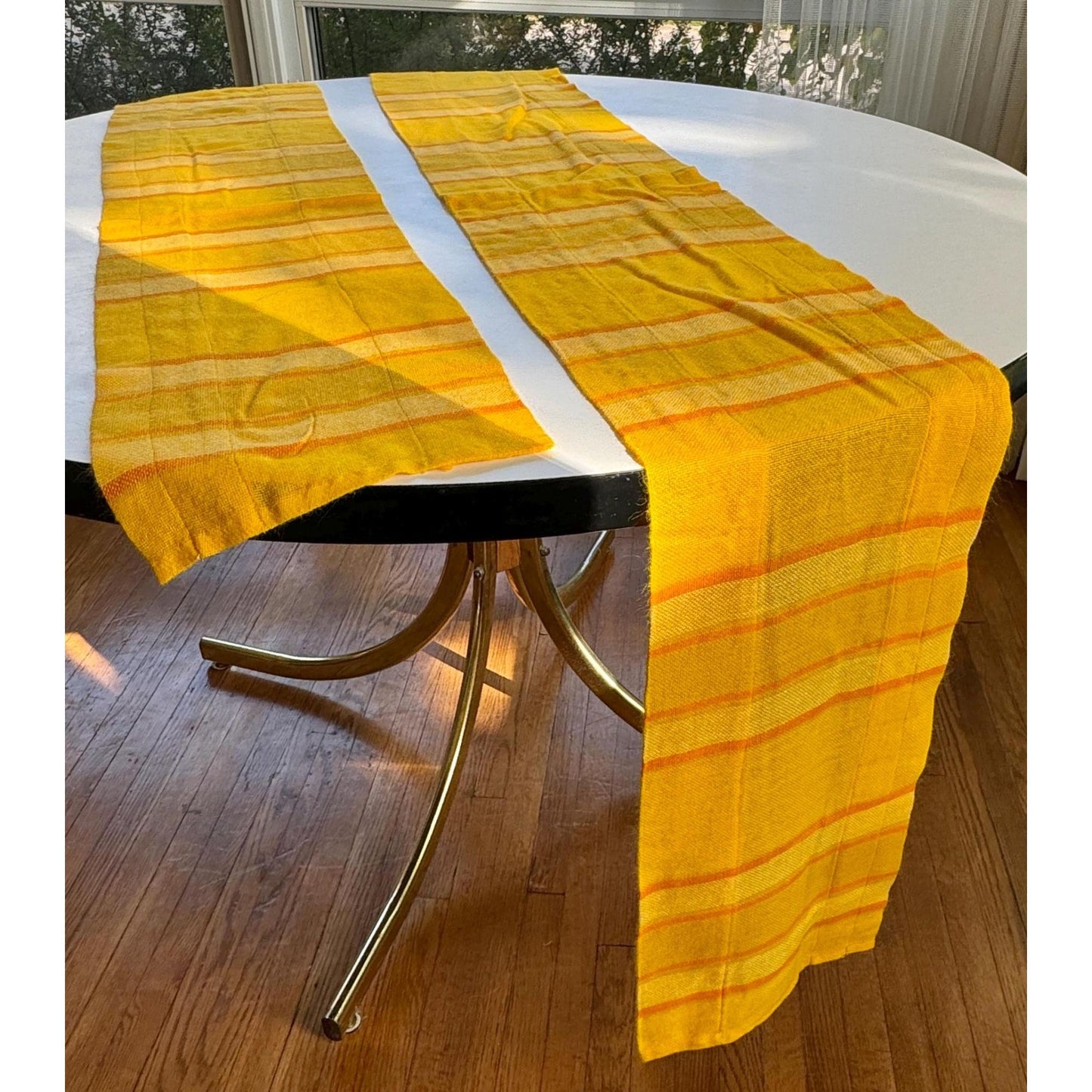 Vintage 70s curtain, yellow orange striped, single panel, pair with tieback or valance