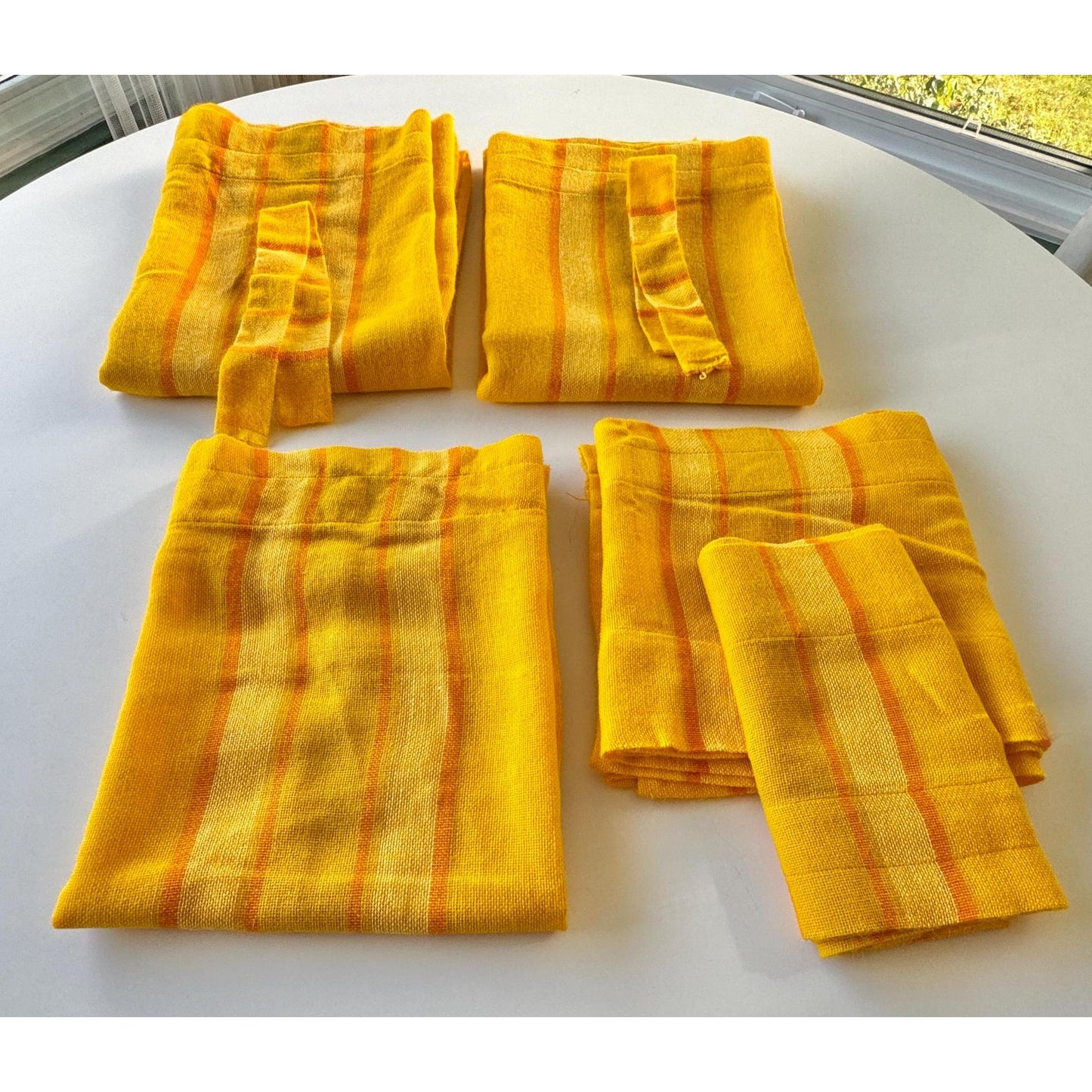 Vintage 70s curtain, yellow orange striped, single panel, pair with tieback or valance
