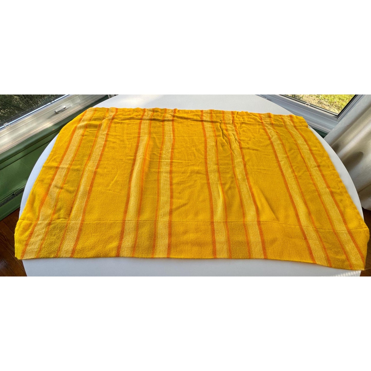 Vintage 70s curtain, yellow orange striped, single panel, pair with tieback or valance