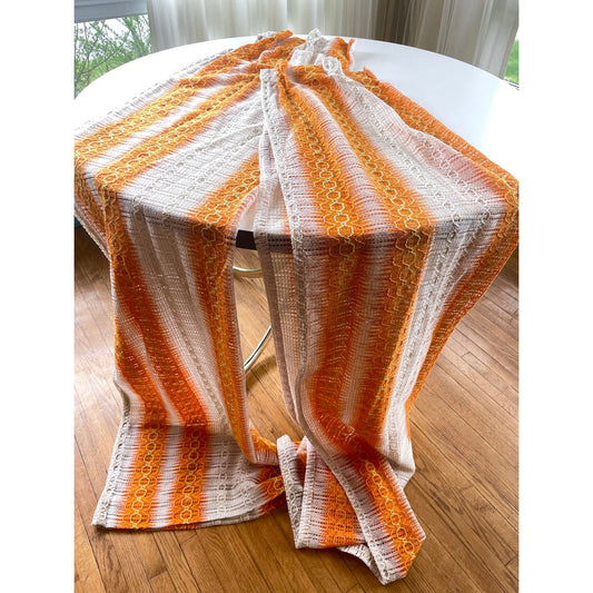 Vintage 70s pleated curtain, yellow, orange net woven panel