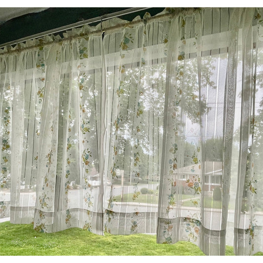 Vintage 70s curtain, green orange blue bouquet, sheer floral