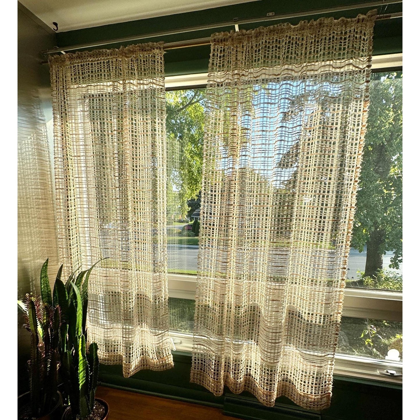 Vintage 70s curtain, cream and tan mesh panel