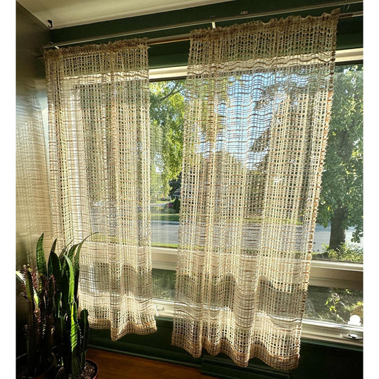 Vintage 70s curtain, cream and tan mesh panel