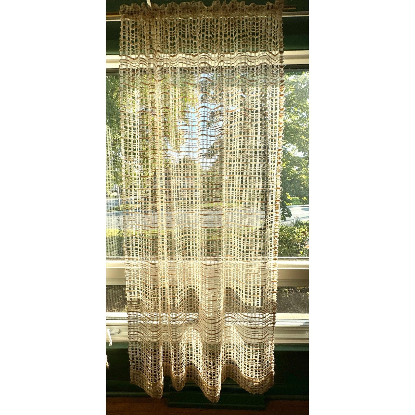 Vintage 70s curtain, cream and tan mesh panel
