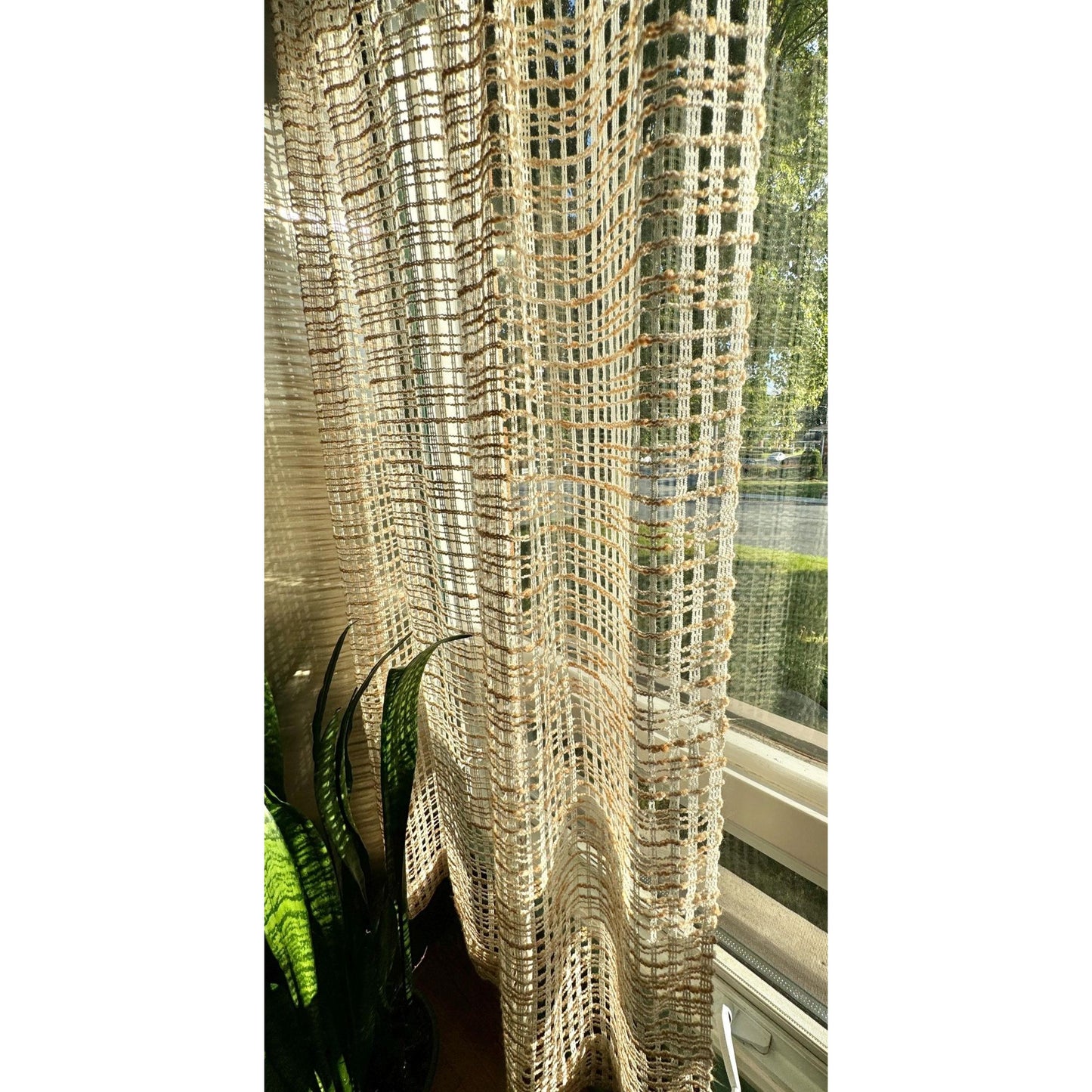 Vintage 70s curtain, cream and tan mesh panel