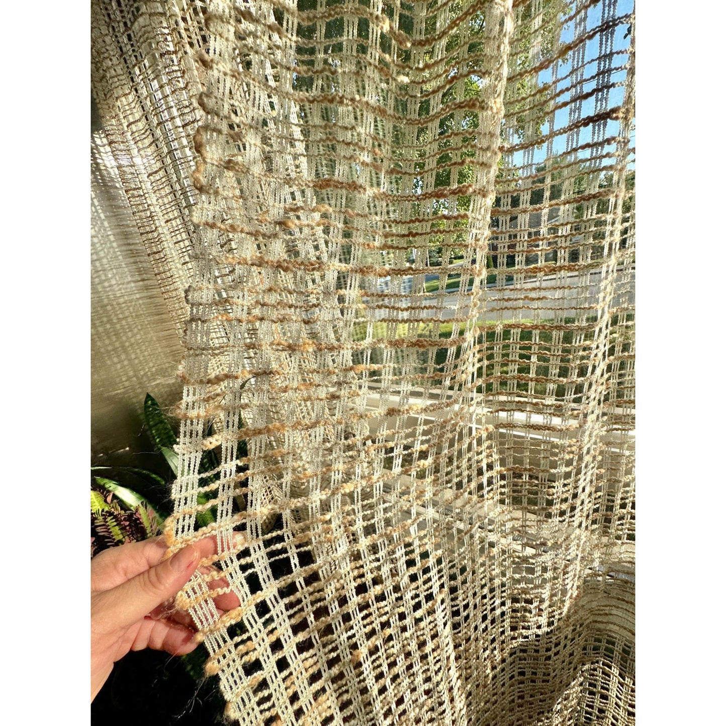 Vintage 70s curtain, cream and tan mesh panel