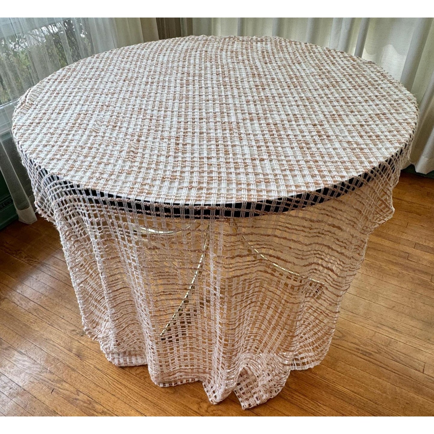 Vintage 70s curtain, cream and tan mesh panel