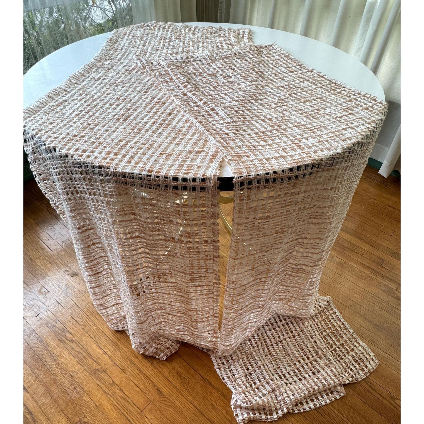 Vintage 70s curtain, cream and tan mesh panel
