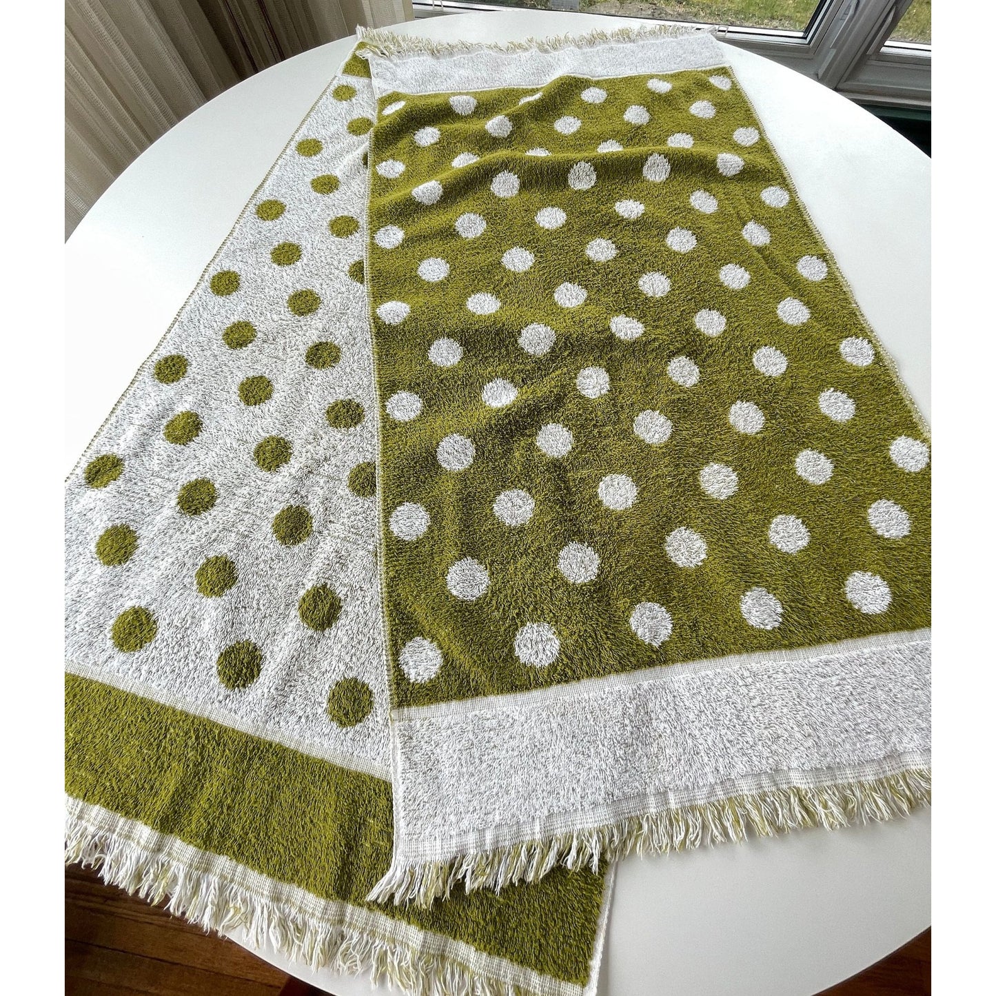 Vintage 70s bath towel, green white polka dots, reversible, Cone 100% cotton