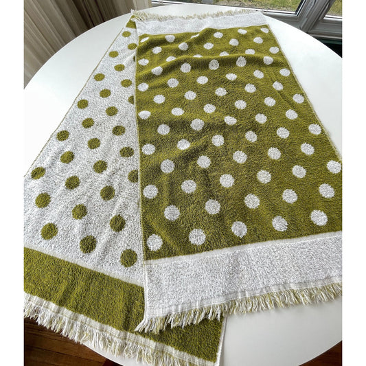 Vintage 70s bath towel, green white polka dots, reversible, Cone 100% cotton