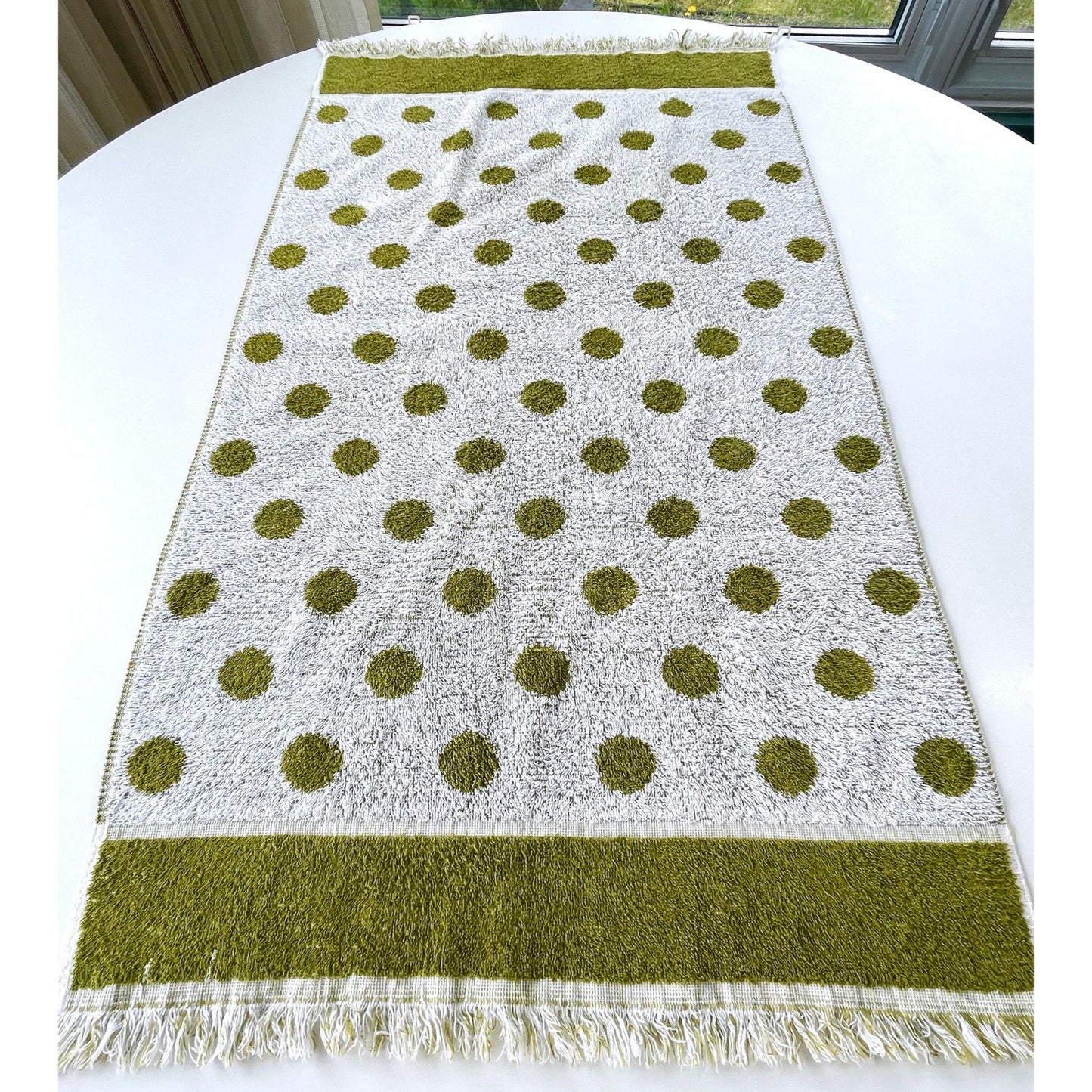 Vintage 70s bath towel, green white polka dots, reversible, Cone 100% cotton
