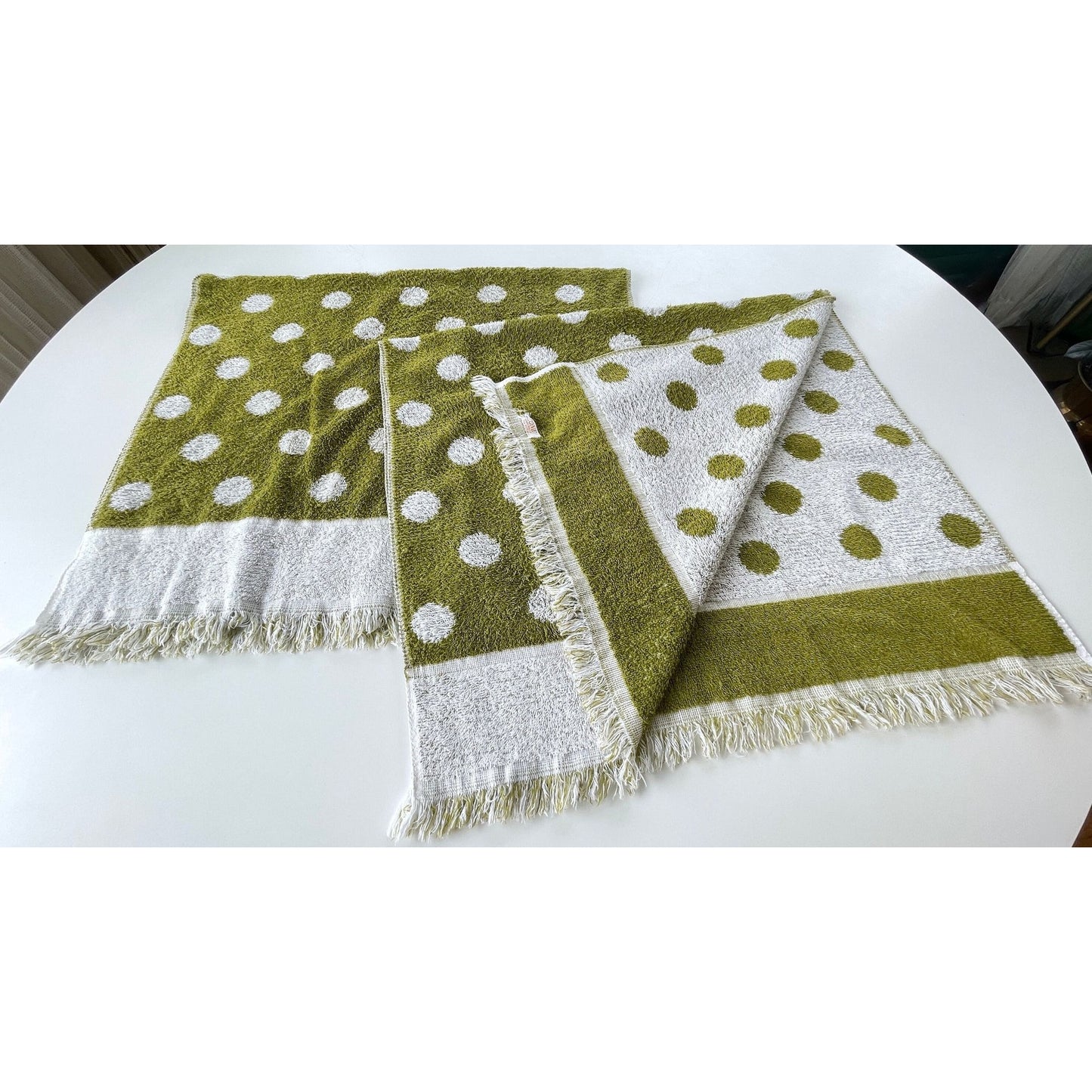 Vintage 70s bath towel, green white polka dots, reversible, Cone 100% cotton