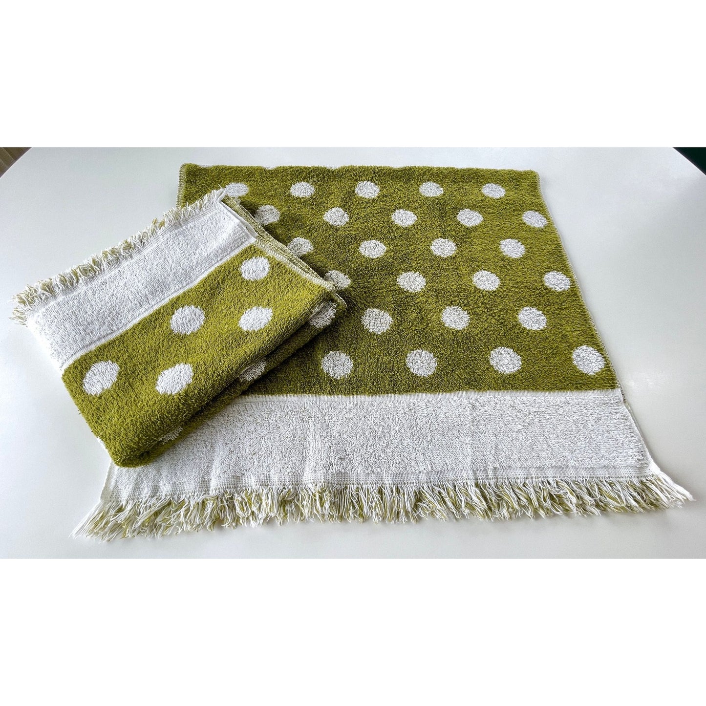 Vintage 70s bath towel, green white polka dots, reversible, Cone 100% cotton