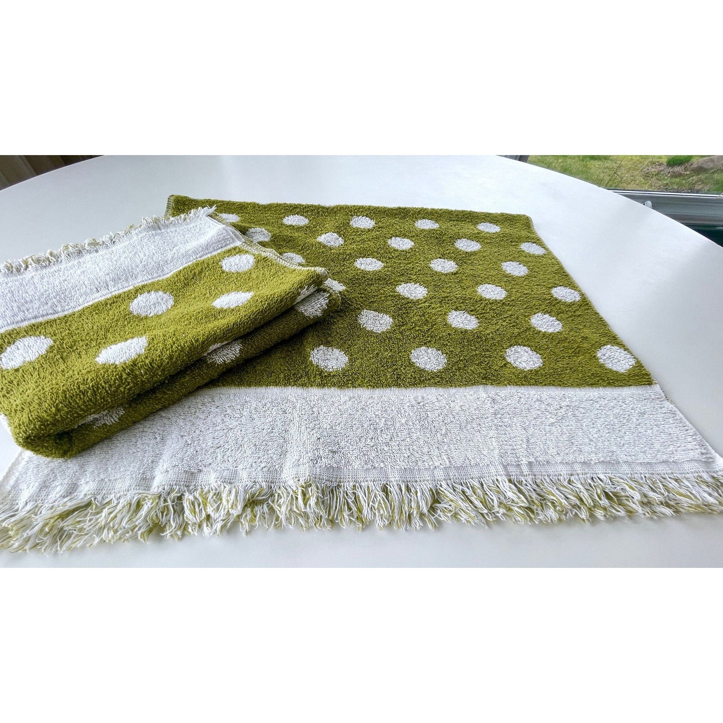 Vintage 70s bath towel, green white polka dots, reversible, Cone 100% cotton