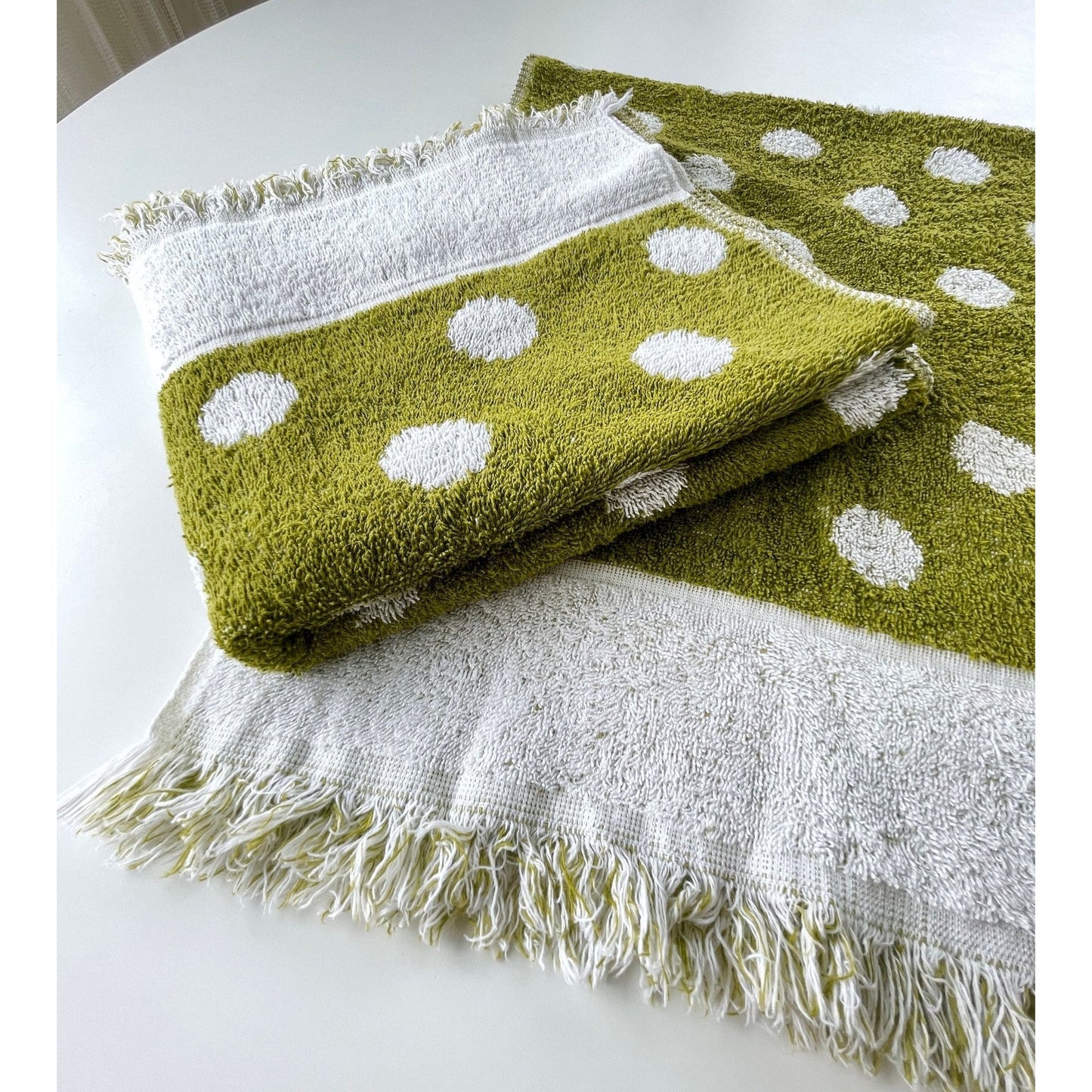 Vintage 70s bath towel, green white polka dots, reversible, Cone 100% cotton
