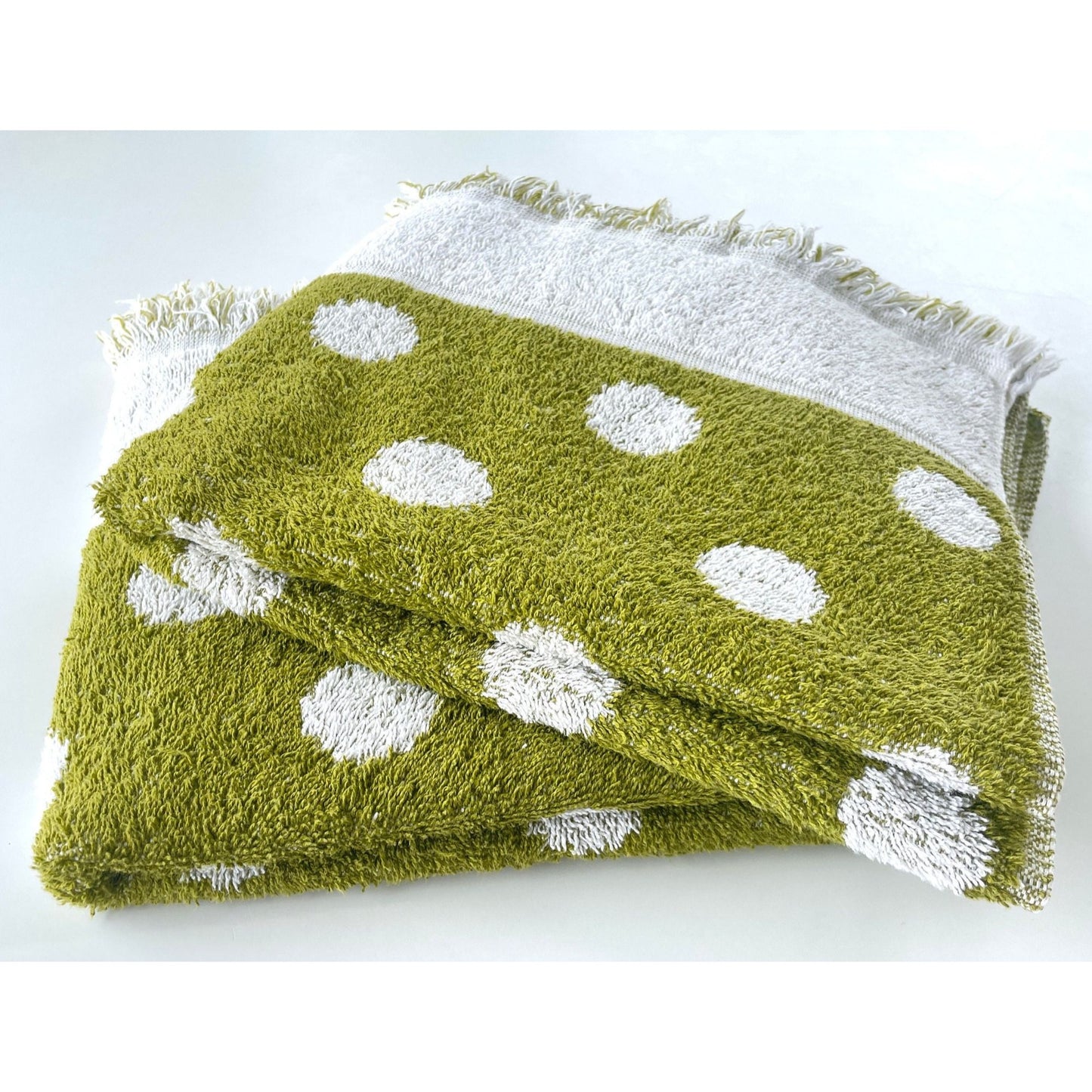 Vintage 70s bath towel, green white polka dots, reversible, Cone 100% cotton
