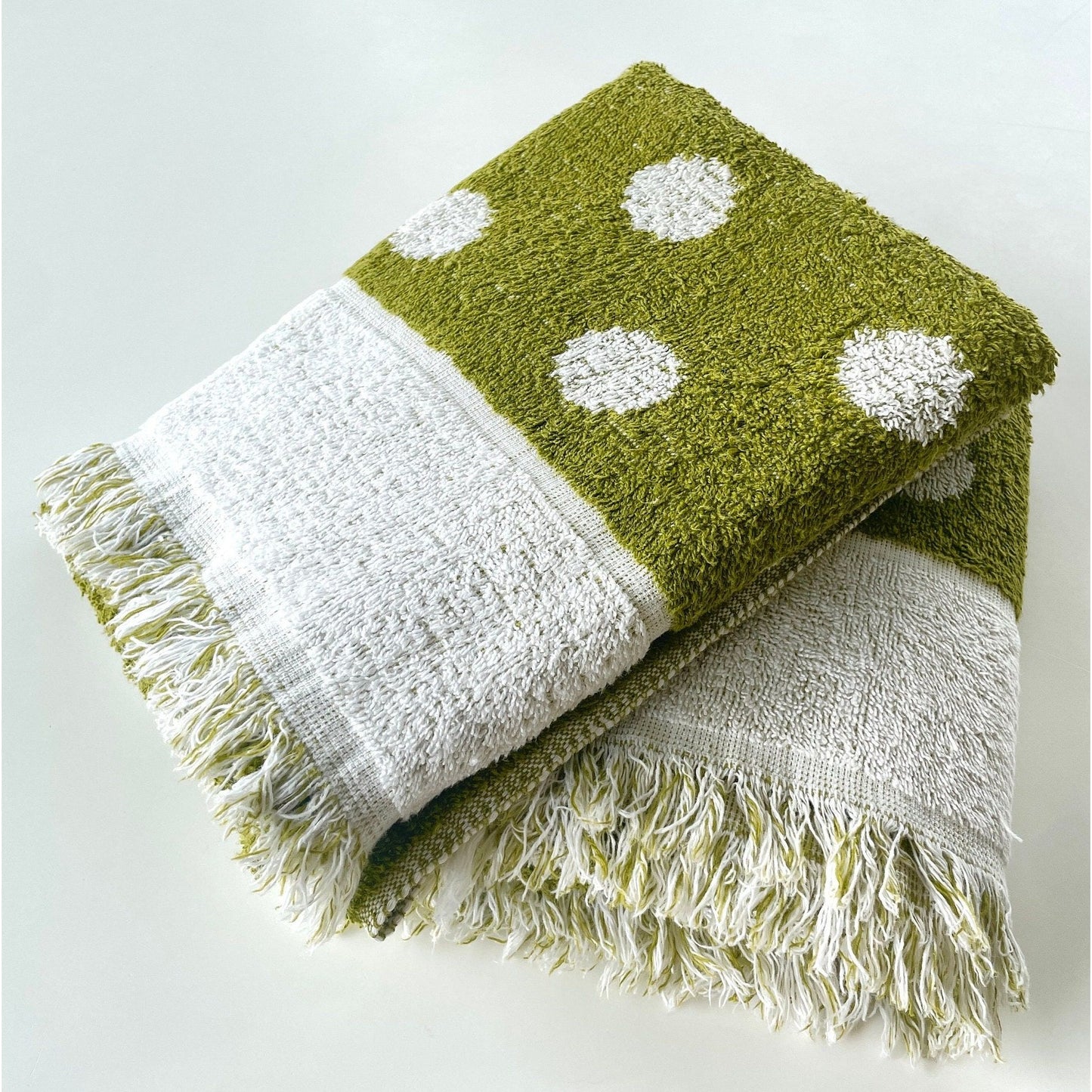 Vintage 70s bath towel, green white polka dots, reversible, Cone 100% cotton