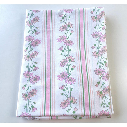 Vintage 70s fitted sheet, pink floral and stripes, twin size bed, Dan River