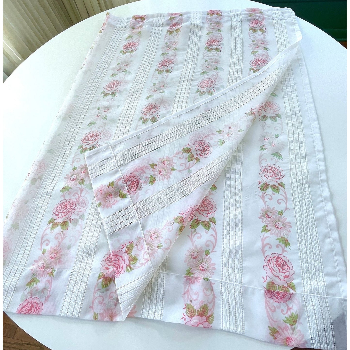 Vintage 70s curtain, pink bouquet with greenery, sheer panel