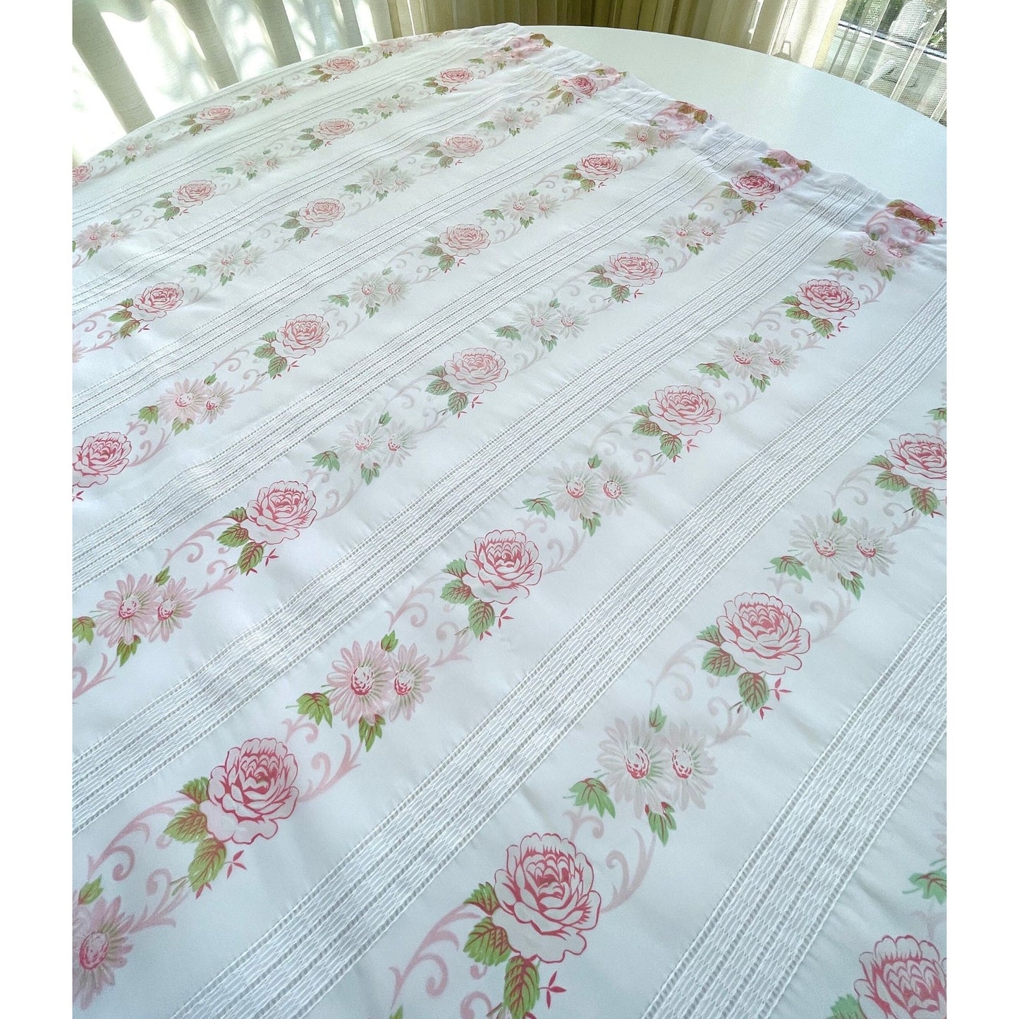 Vintage 70s curtain, pink bouquet with greenery, sheer panel