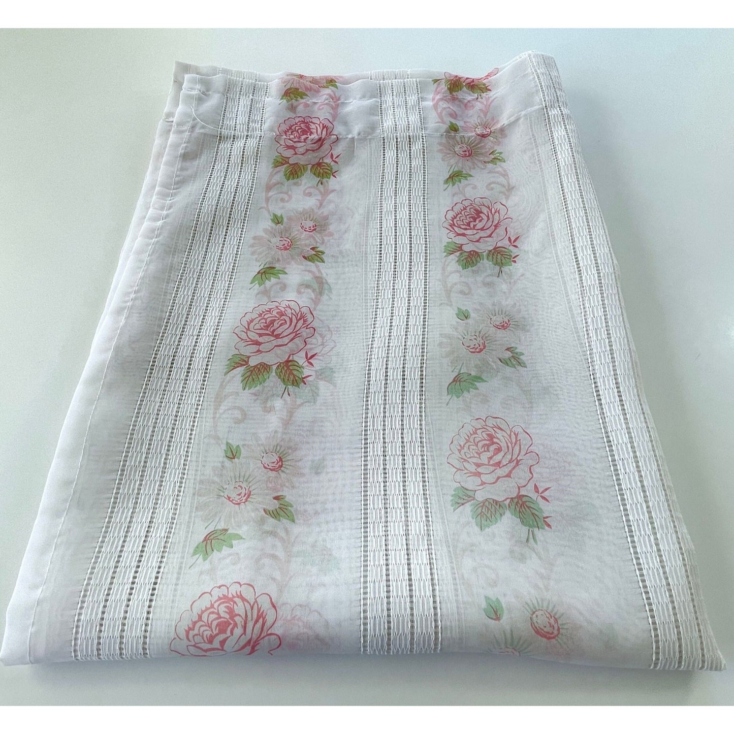 Vintage 70s curtain, pink bouquet with greenery, sheer panel