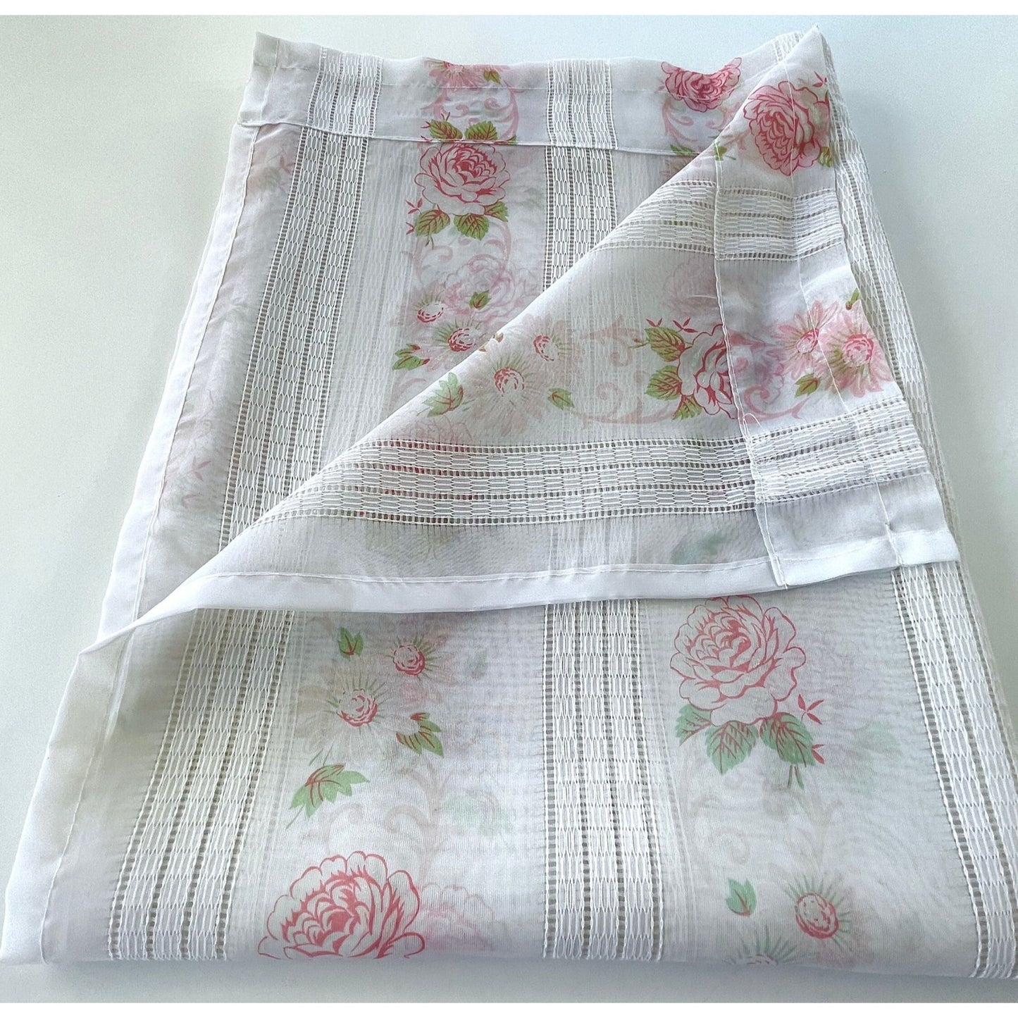 Vintage 70s curtain, pink bouquet with greenery, sheer panel