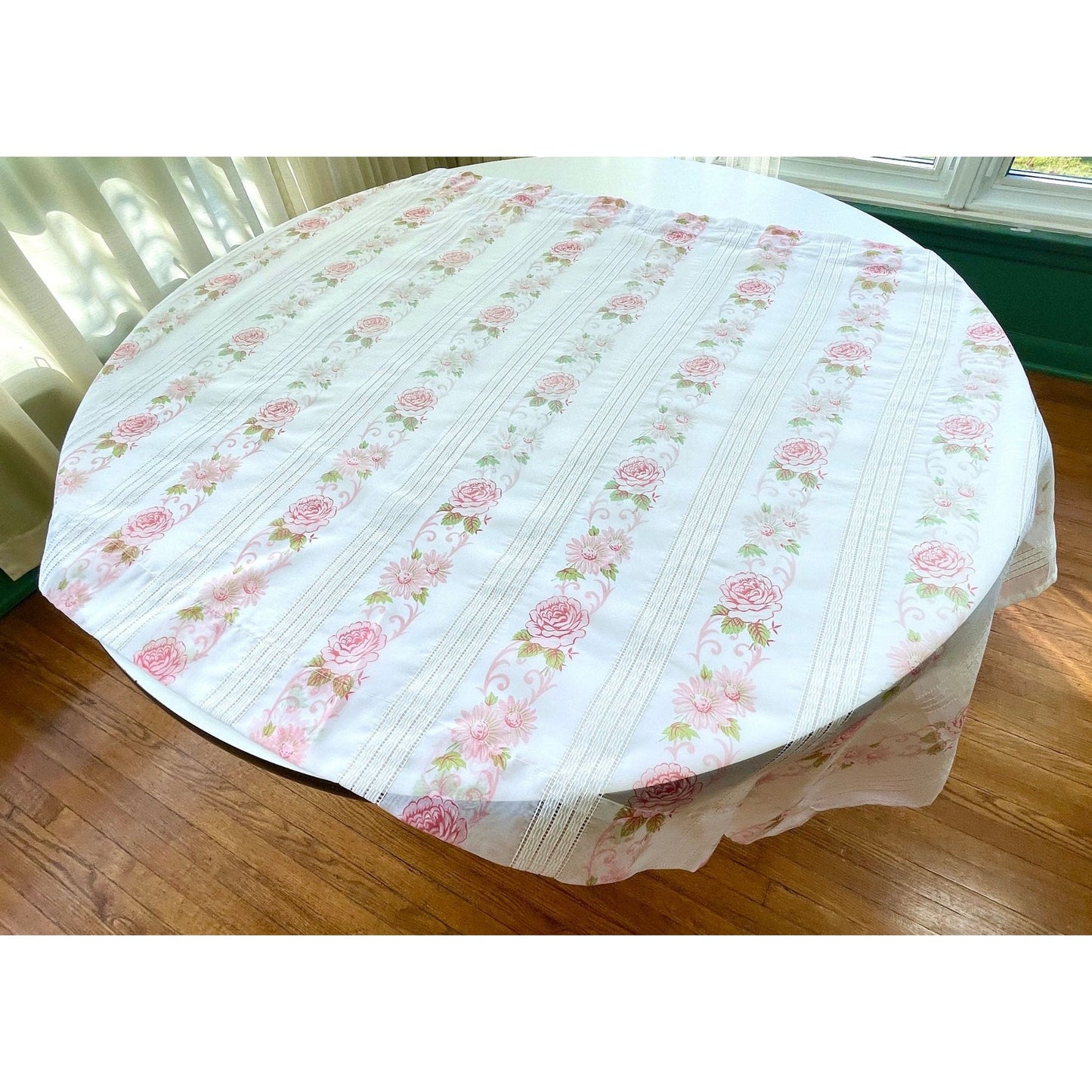 Vintage 70s curtain, pink bouquet with greenery, sheer panel