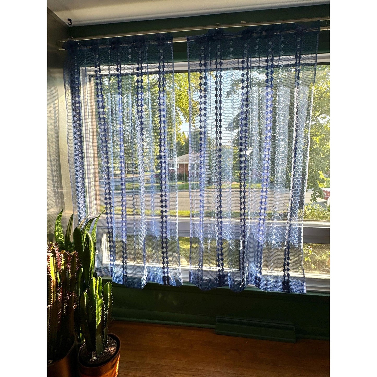 Vintage 70s curtain, groovy navy blue mesh panel