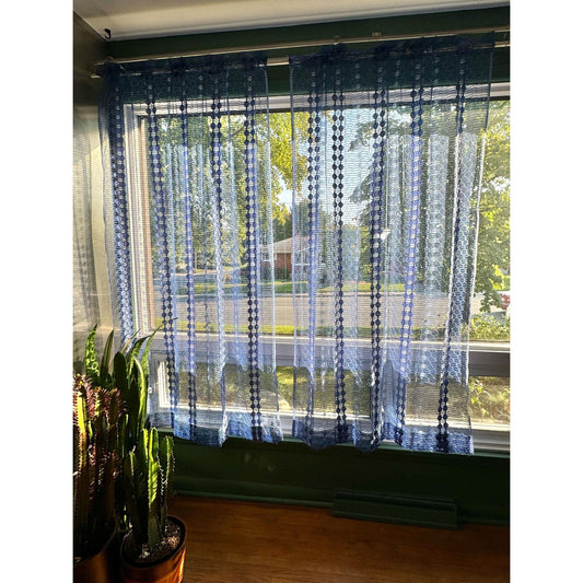 Vintage 70s curtain, groovy navy blue mesh panel