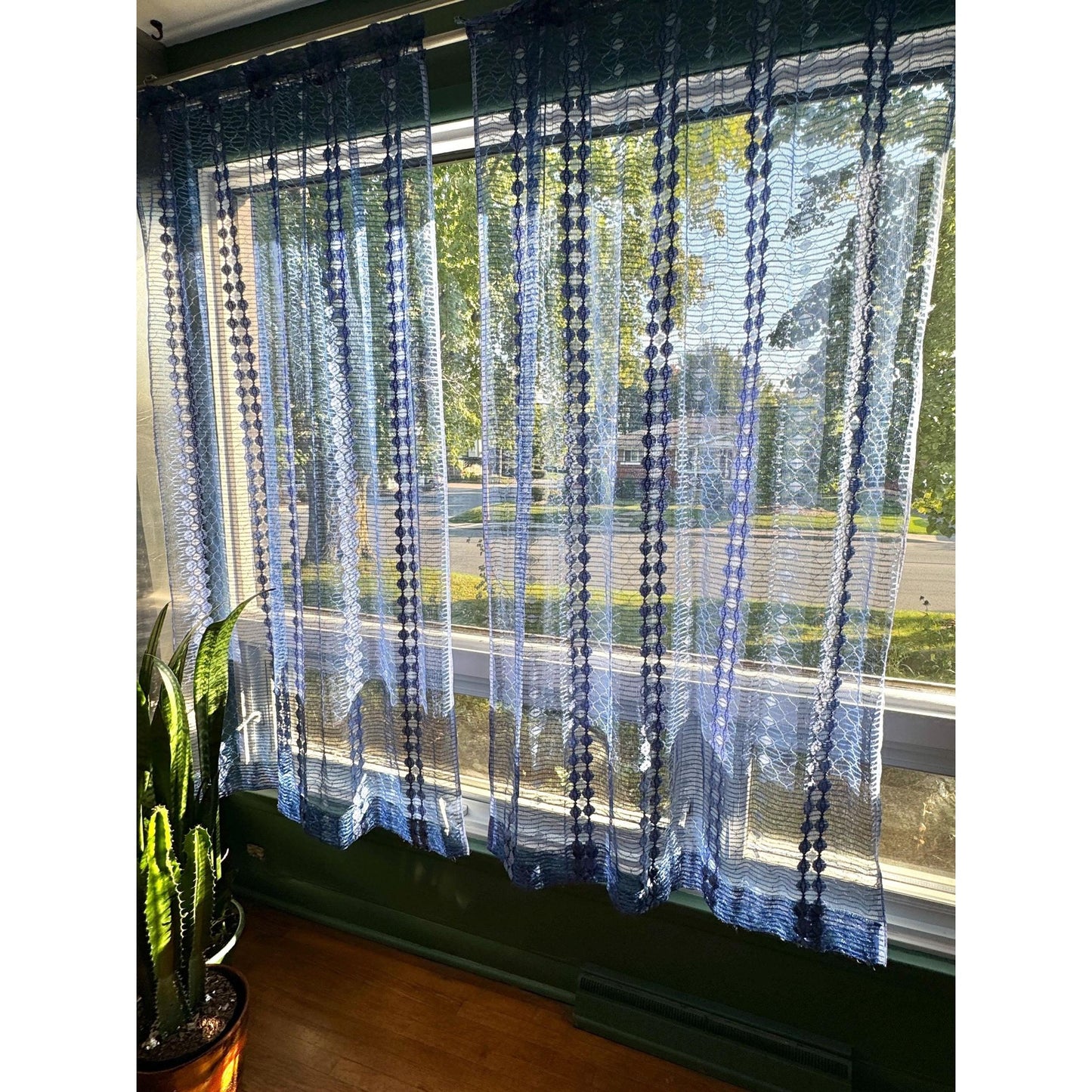 Vintage 70s curtain, groovy navy blue mesh panel
