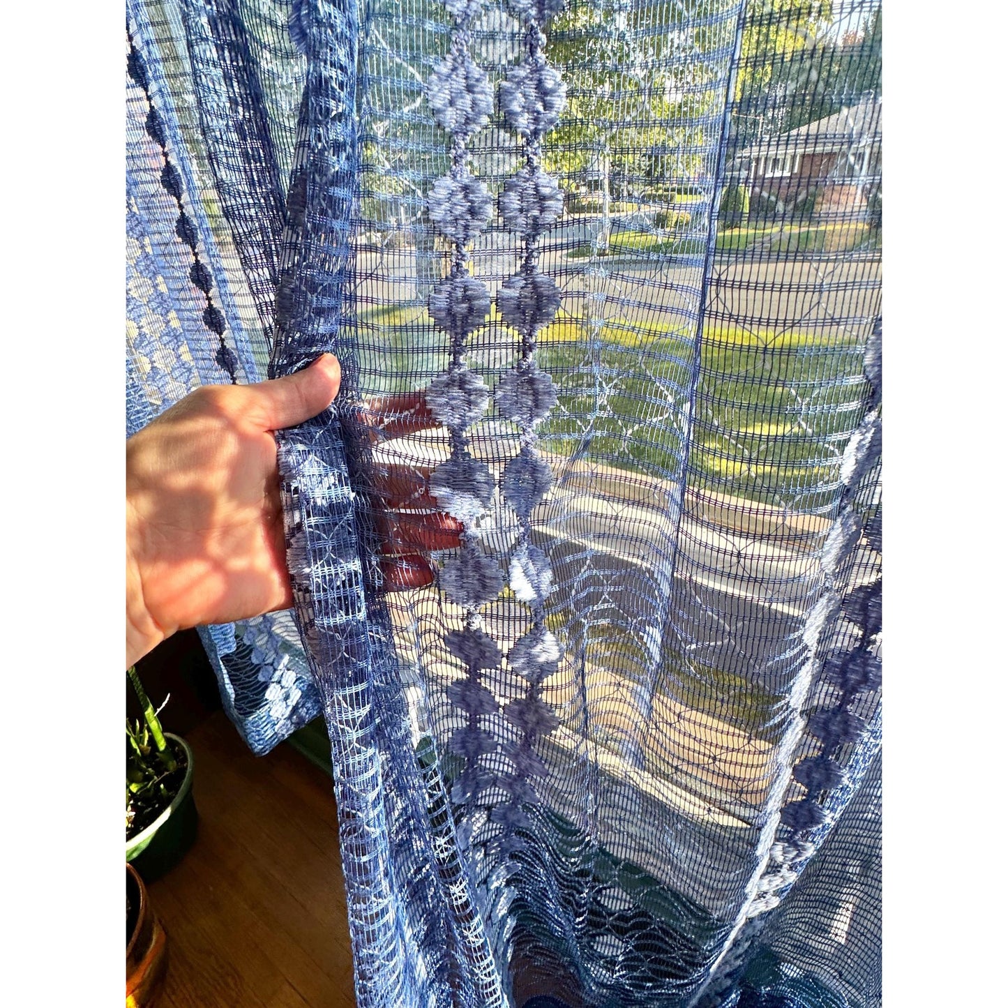 Vintage 70s curtain, groovy navy blue mesh panel