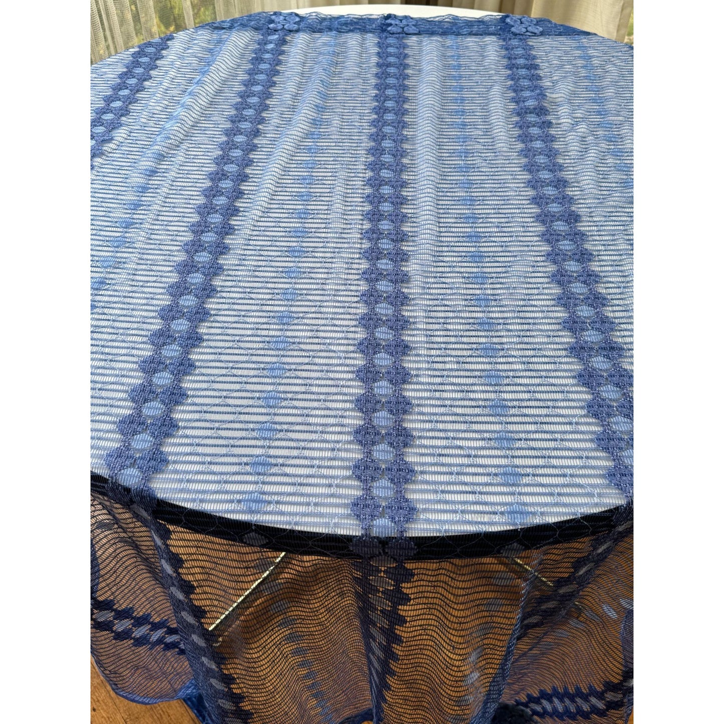 Vintage 70s curtain, groovy navy blue mesh panel