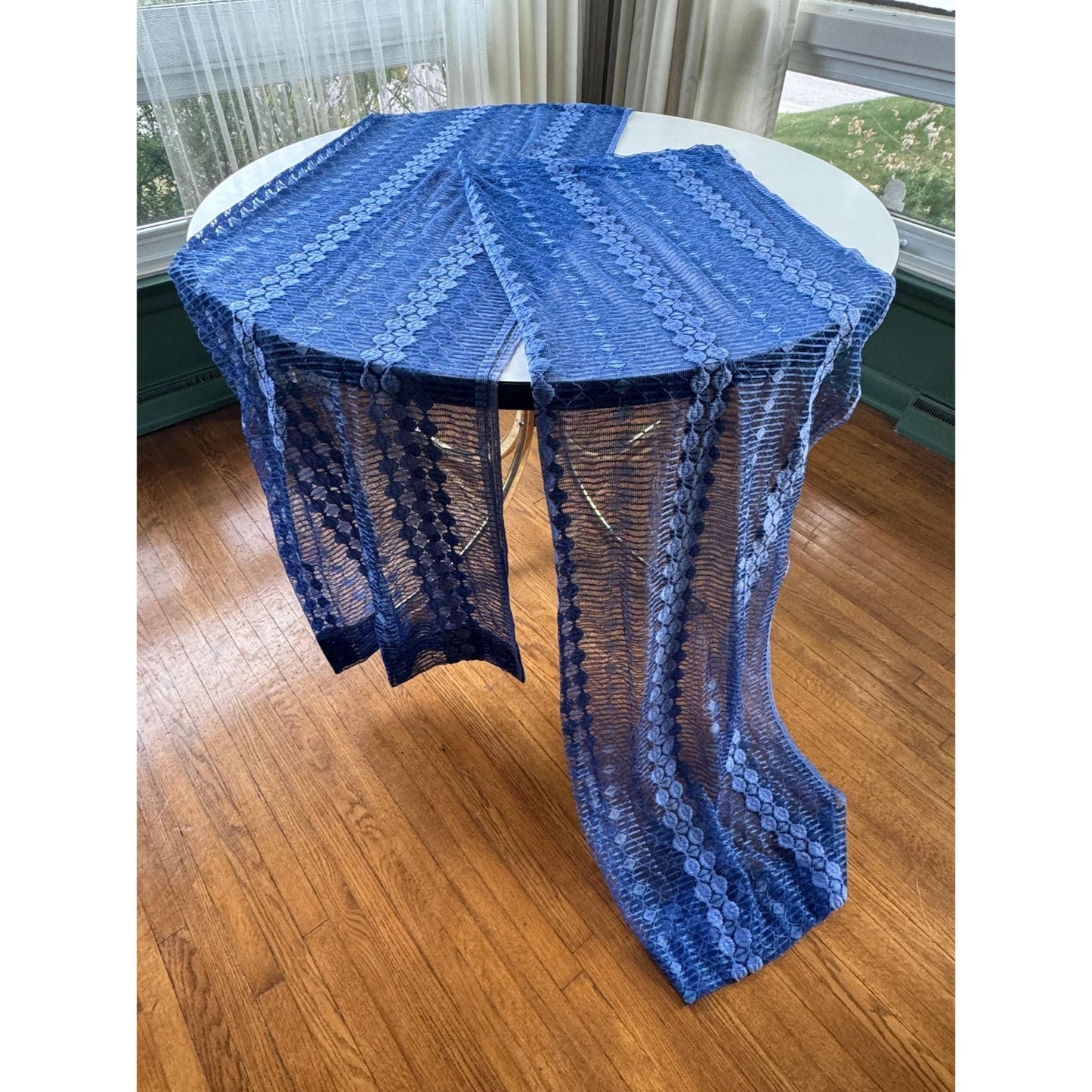 Vintage 70s curtain, groovy navy blue mesh panel